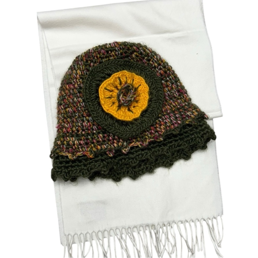 Cute Crochet Flower Hat Multicolor Knit Hat with Vintage Scarf Set Boho Cottage - Picture 10 of 10
